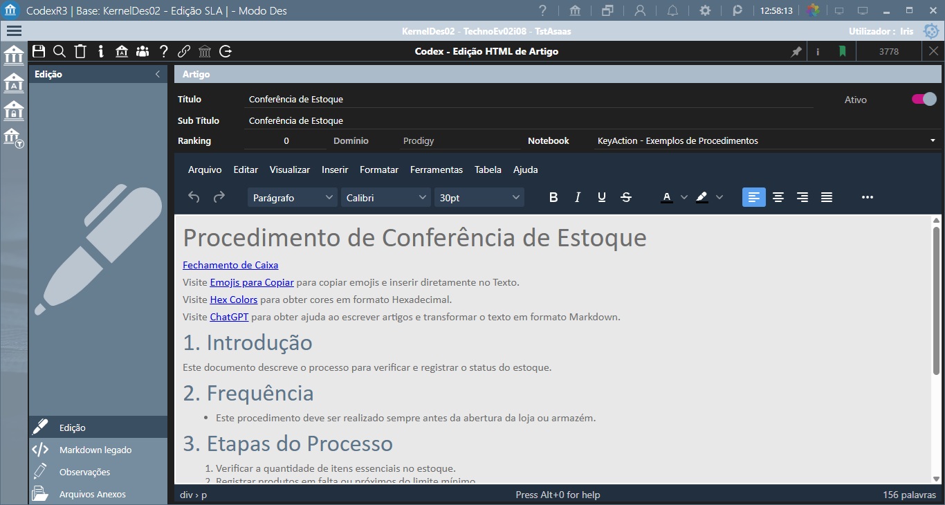 Artigo de procedimento de conferência de estoque no Codex Prodigy