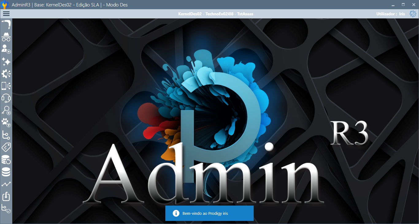 AdminR3 com áreas de segurança, configurações, análises e suporte