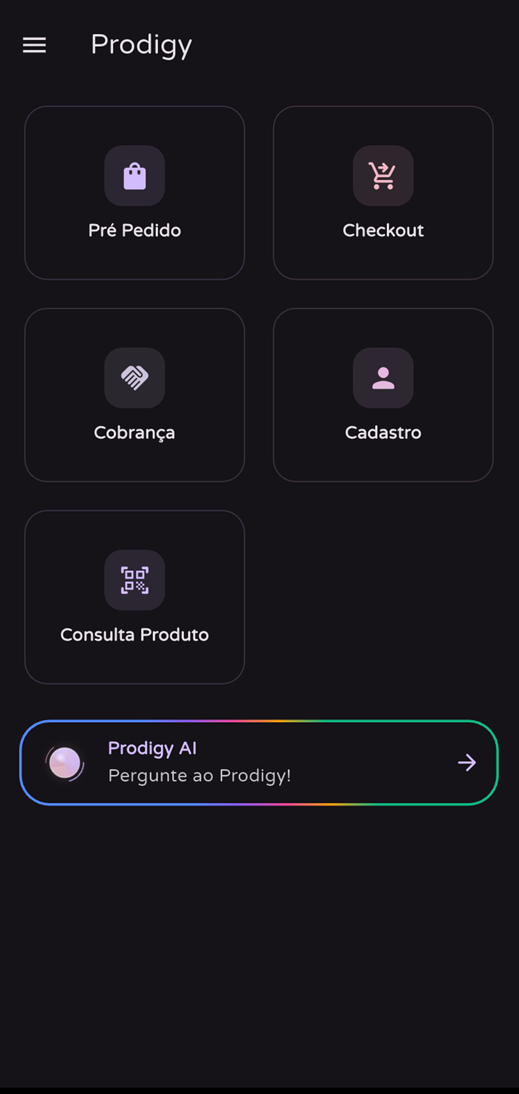 Tela inicial do Prodigy App Android no tema escuro
