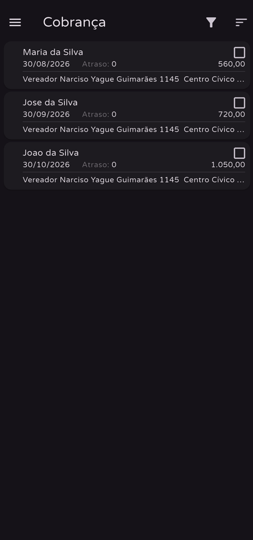 Lista de cobrança do Prodigy App Android no tema escuro