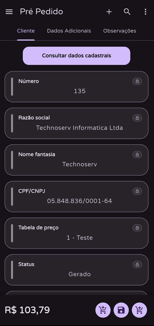 Tela de seleção de cliente para pré-pedido no Prodigy App Android no tema escuro
