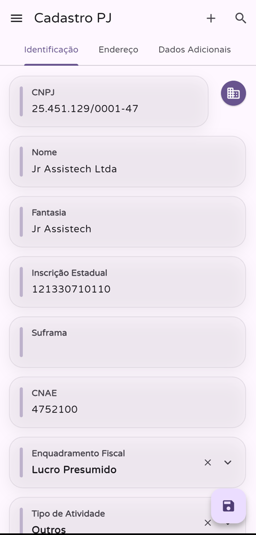 Tela de identificação de pessoa jurídica no Prodigy App Android