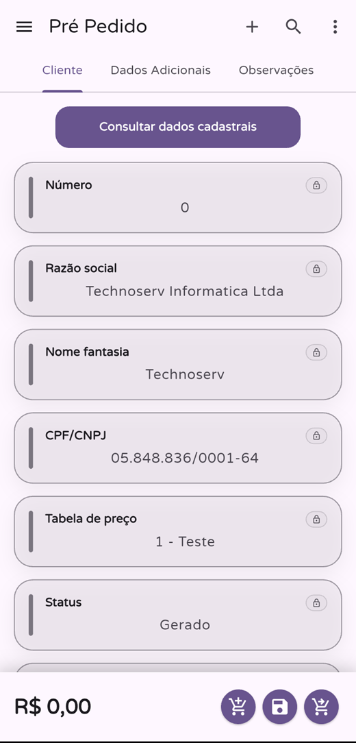 Tela de seleção de cliente para pré-pedido no Prodigy App Android no tema claro