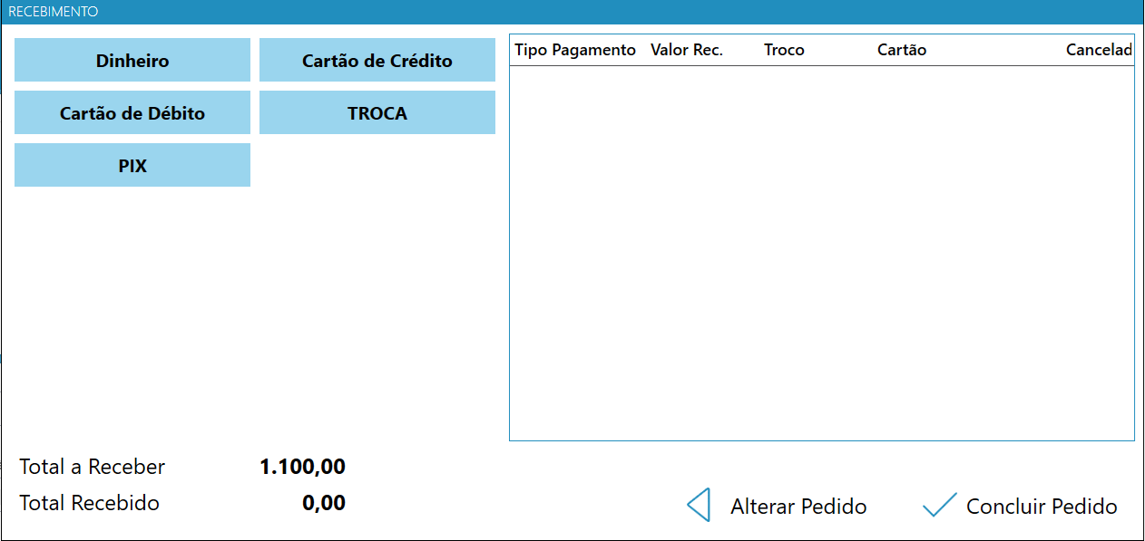 Tela de recebimentos com formas de pagamento, lista de lançamentos e totais a receber e recebido.