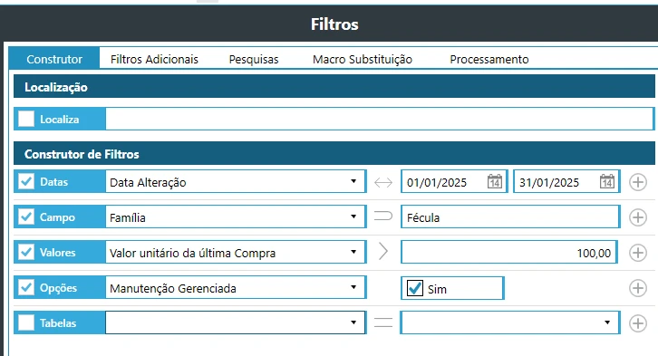 Construtor com critérios de data, família, valor e opções do item de estoque.