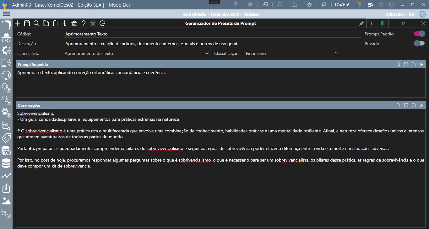 Formulário do Prodigy para cadastro de preset de prompt com especialista, classificação, texto sugerido, padrão e privacidade