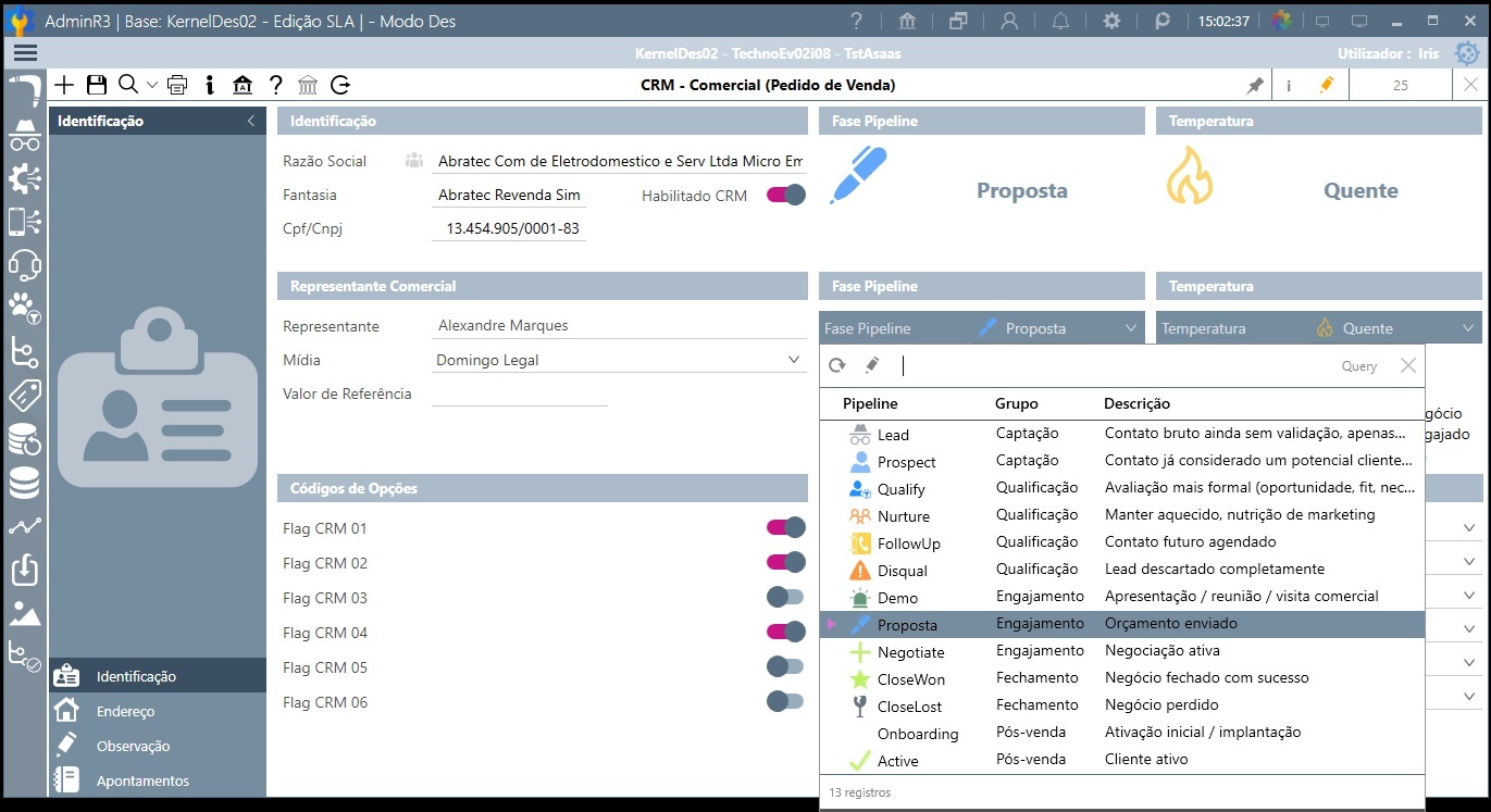 Tela do CRM Comercial do Prodigy para seleção da fase e visualização da temperatura de uma oportunidade