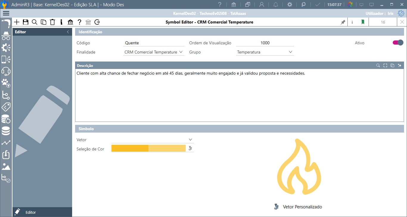 Editor de Símbolos do Prodigy na finalidade CRM Comercial Temperature, com código, descrição, vetor e cor