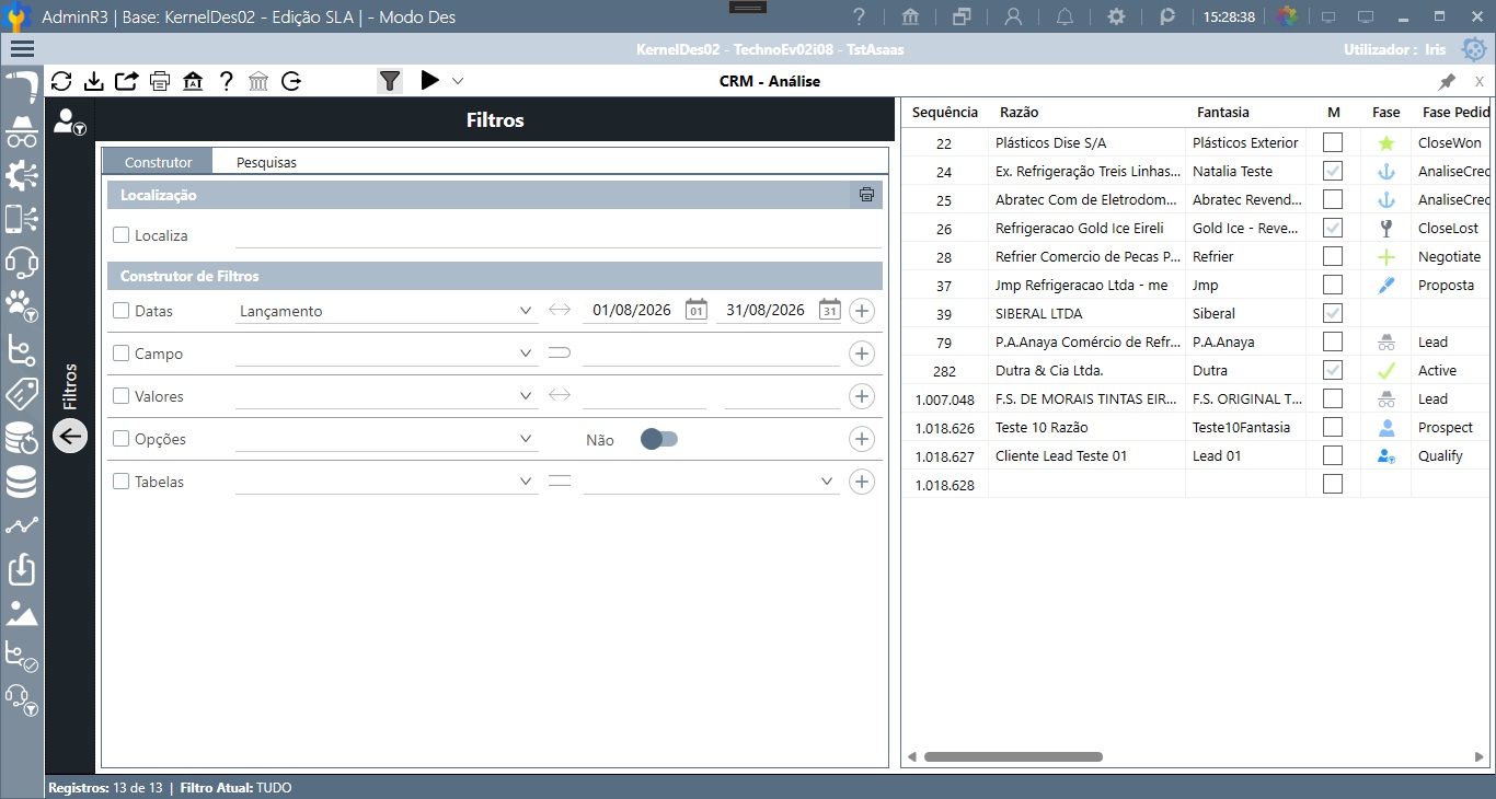 Construtor de filtros da análise de movimentos do CRM do Prodigy