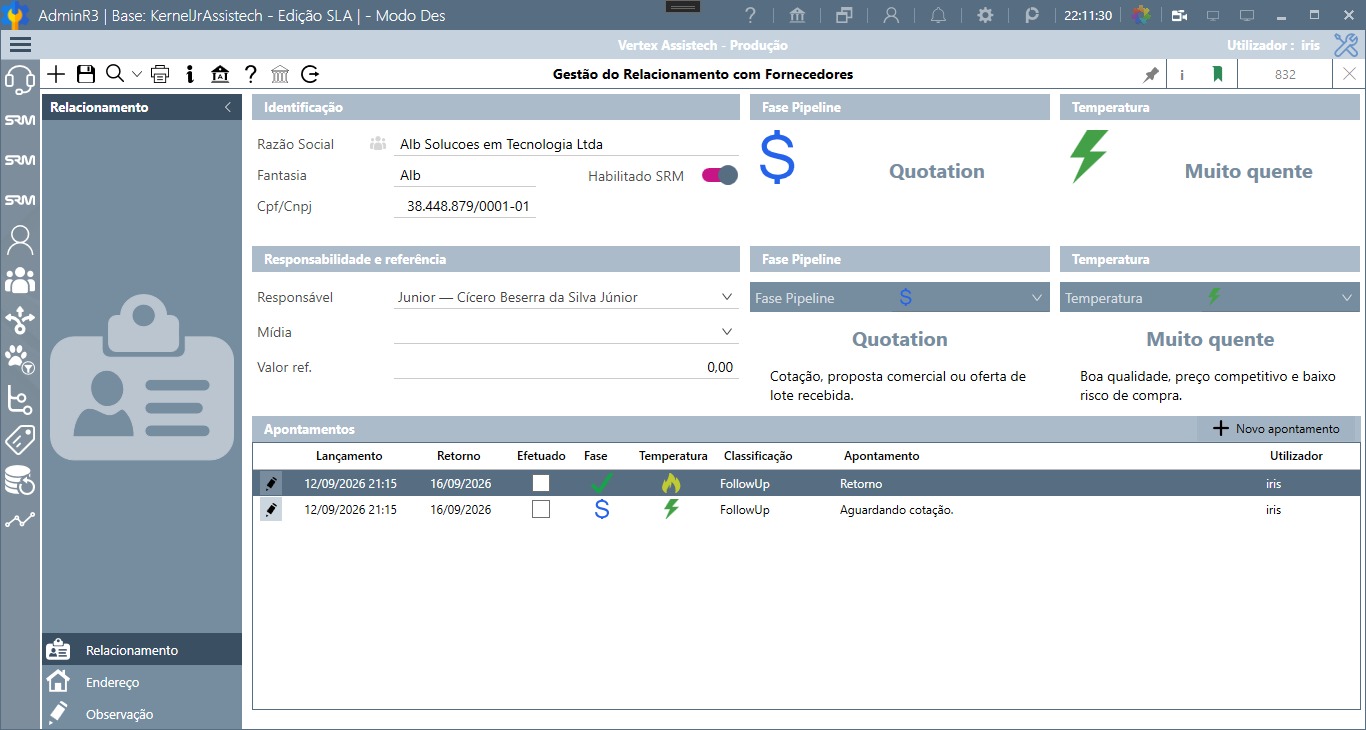 Gestão SRM do Prodigy com responsável, fase pipeline, temperatura e apontamentos com retorno