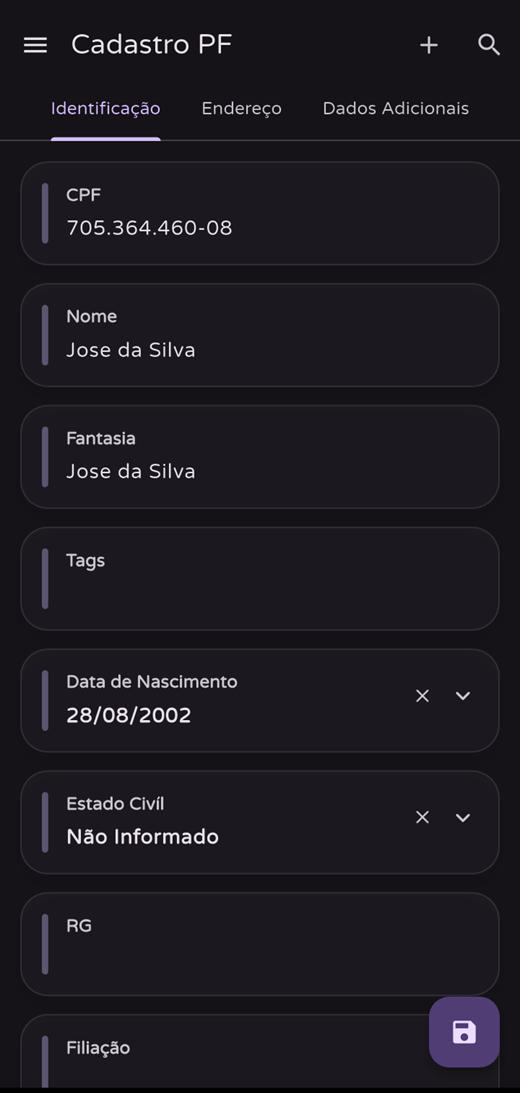 Tela de identificação para cadastro de pessoa física no Prodigy App Android