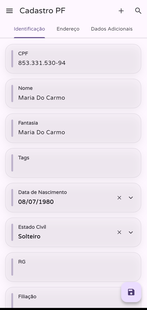 Tela de identificação de pessoa física no Prodigy App Android