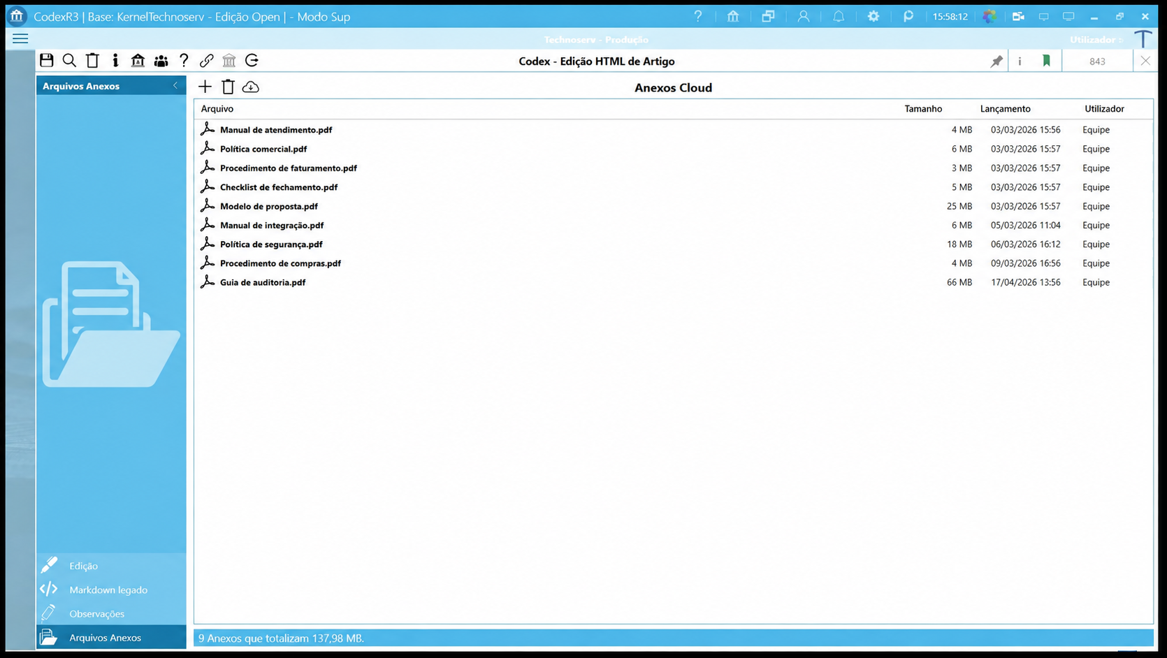 Área Arquivos Anexos do editor de artigo Codex com diferentes arquivos demonstrativos