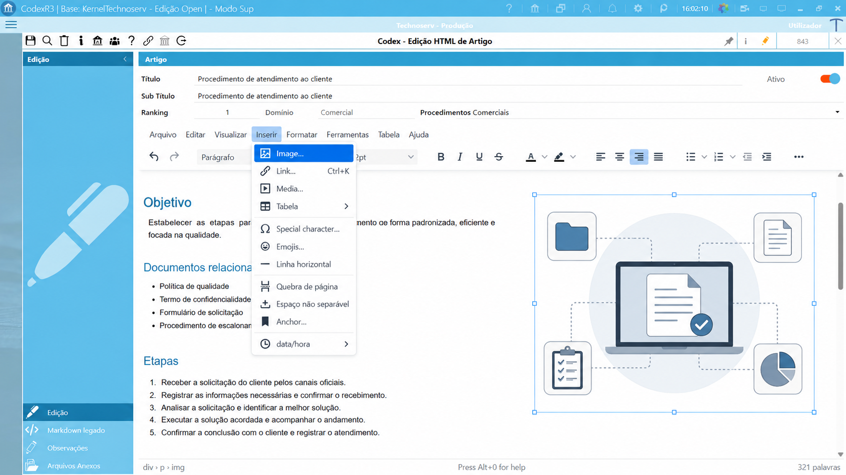 Editor de artigo Codex com menu de inserção de imagem e ilustração dentro do procedimento