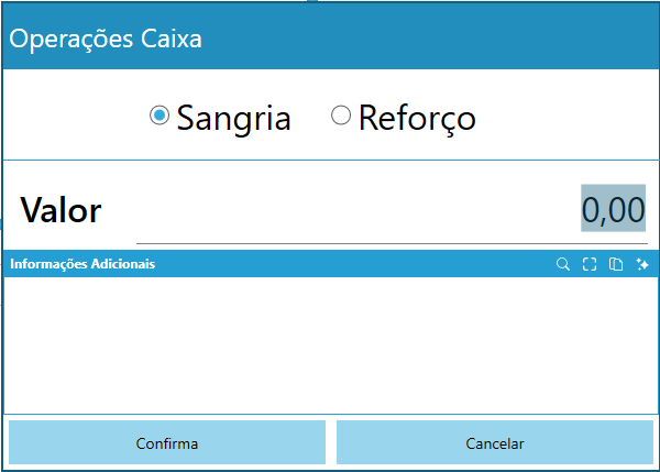 Formulário com seleção Sangria ou Reforço, valor e informações adicionais.