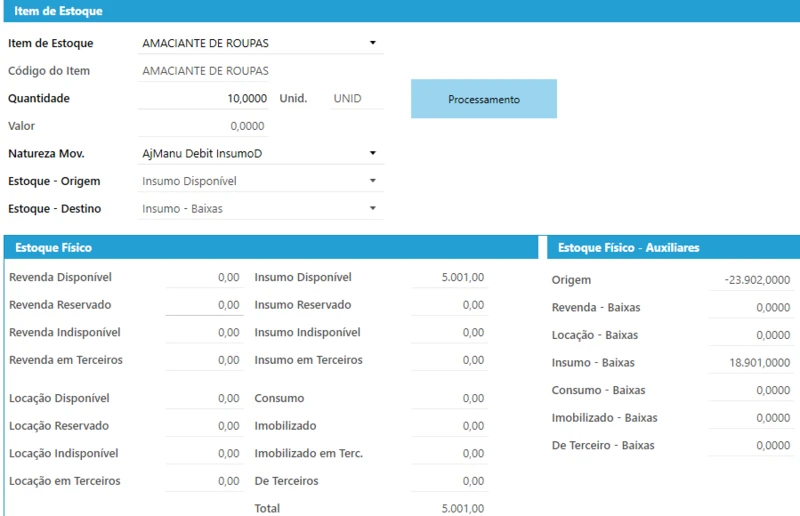 Formulário de movimentação manual com item, quantidade, natureza e posições de estoque físico.