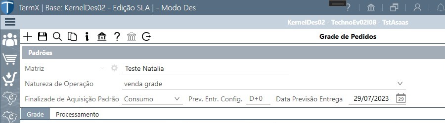 Recorte do ponto de acesso à Configuração Padrão na Grade de Pedidos