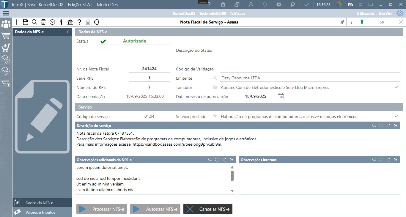 Editor da NFS-e Asaas no TermX