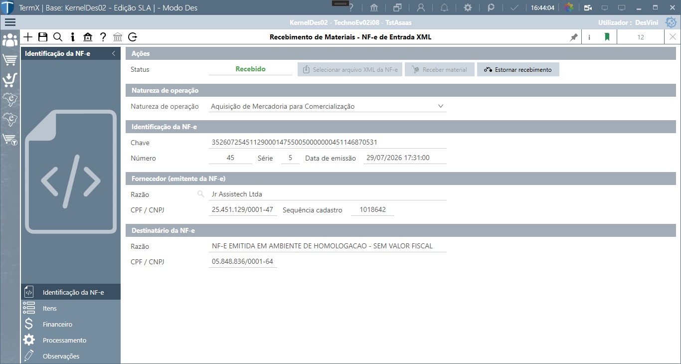 Recebimento de materiais por XML de NF-e no TermX