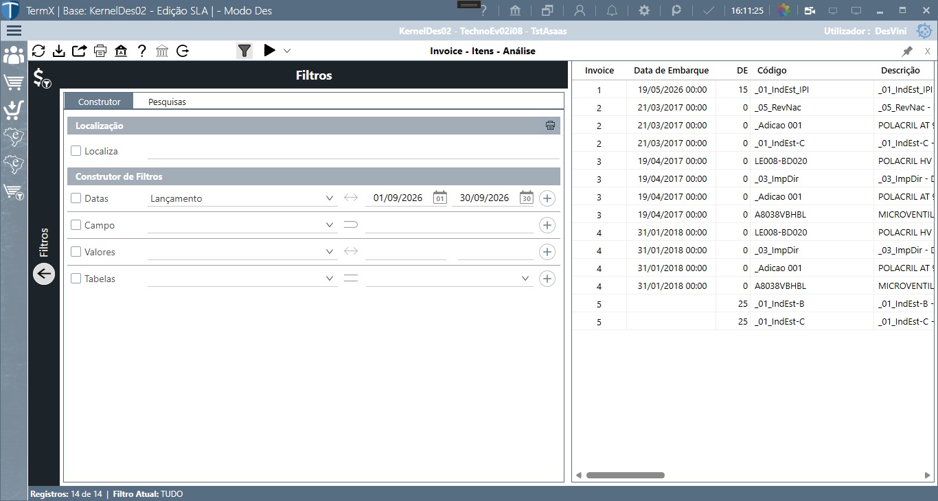 Análise dos itens de Invoice no TermX