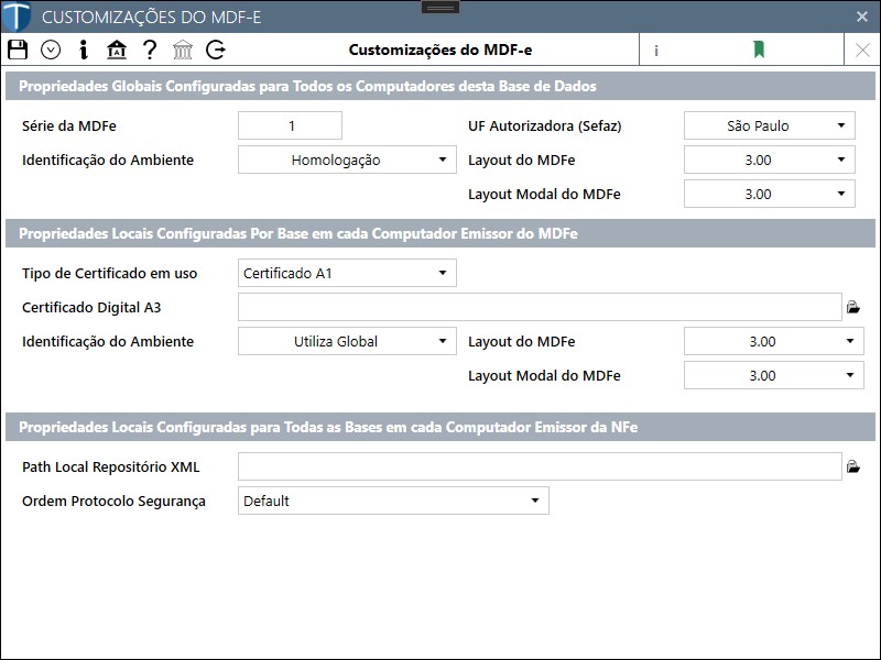 Tela de customizações do MDF-e com parâmetros globais e locais